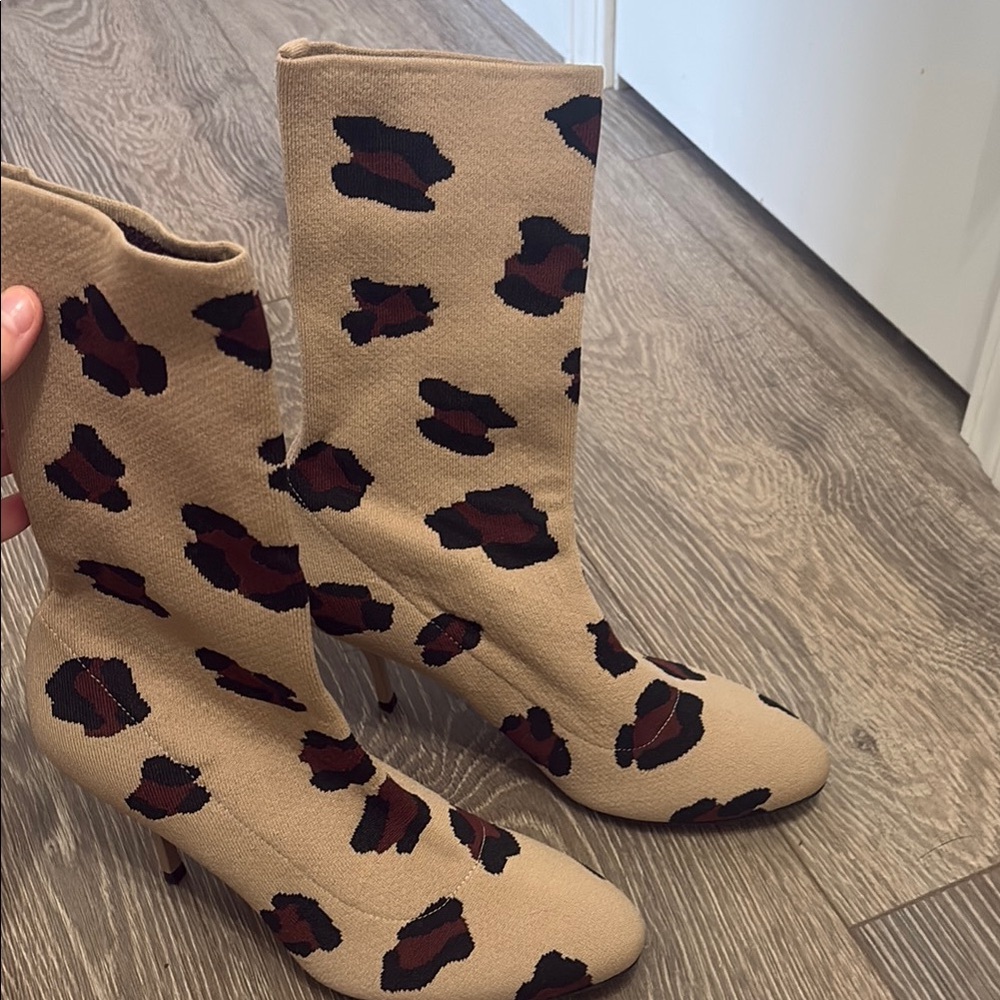 Tan and Black Heeled Boots with Animal Print